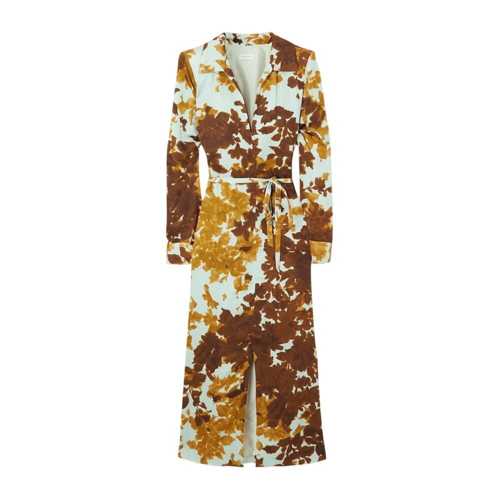 Dries Van Noten Belted Brown Charmeuse Midi Dress Size FR 36 / US 4